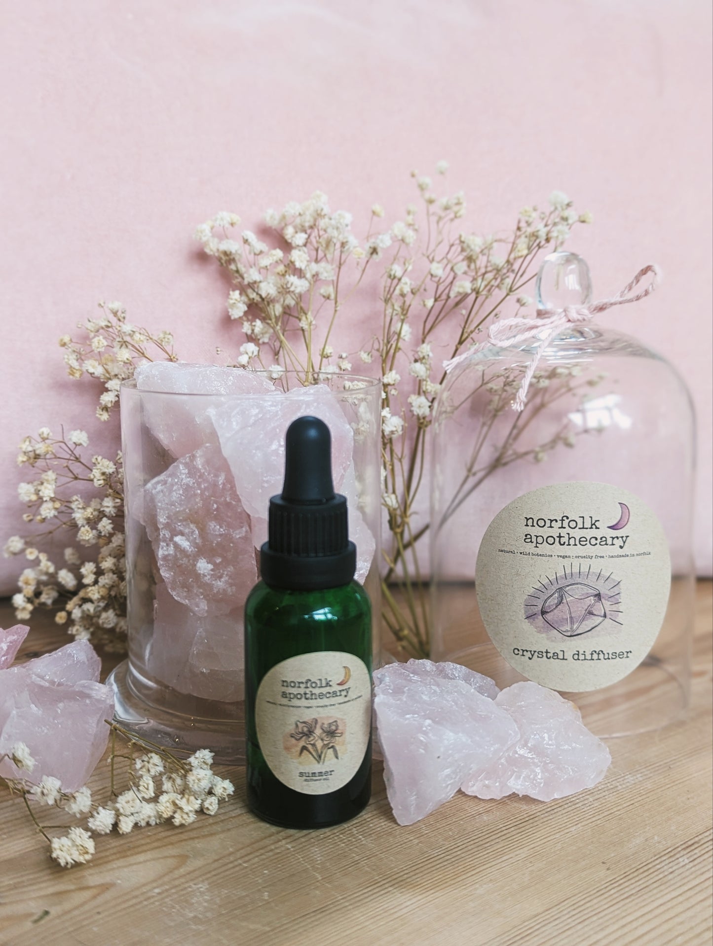midi rose quartz crystal diffuser with diffuser oil blend